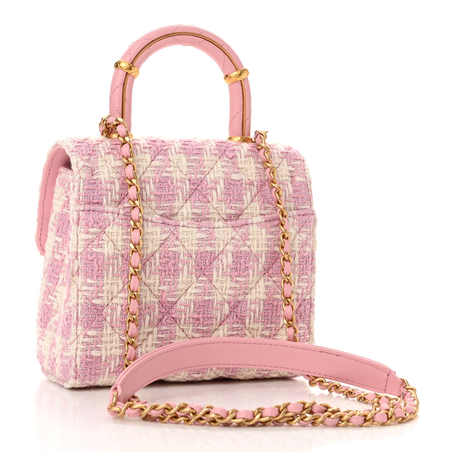 Tweed Handle Crush Top Handle Flap Bag Pink Ecru