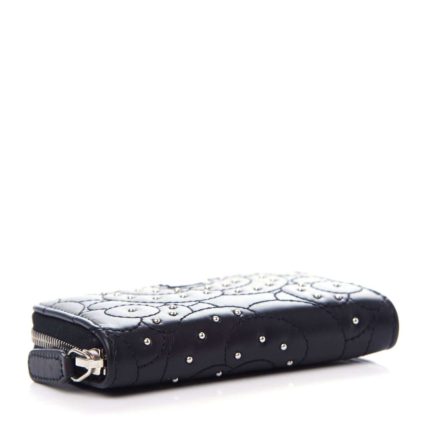 Lambskin Camellia Embossed Studded Zip Coin Purse Black