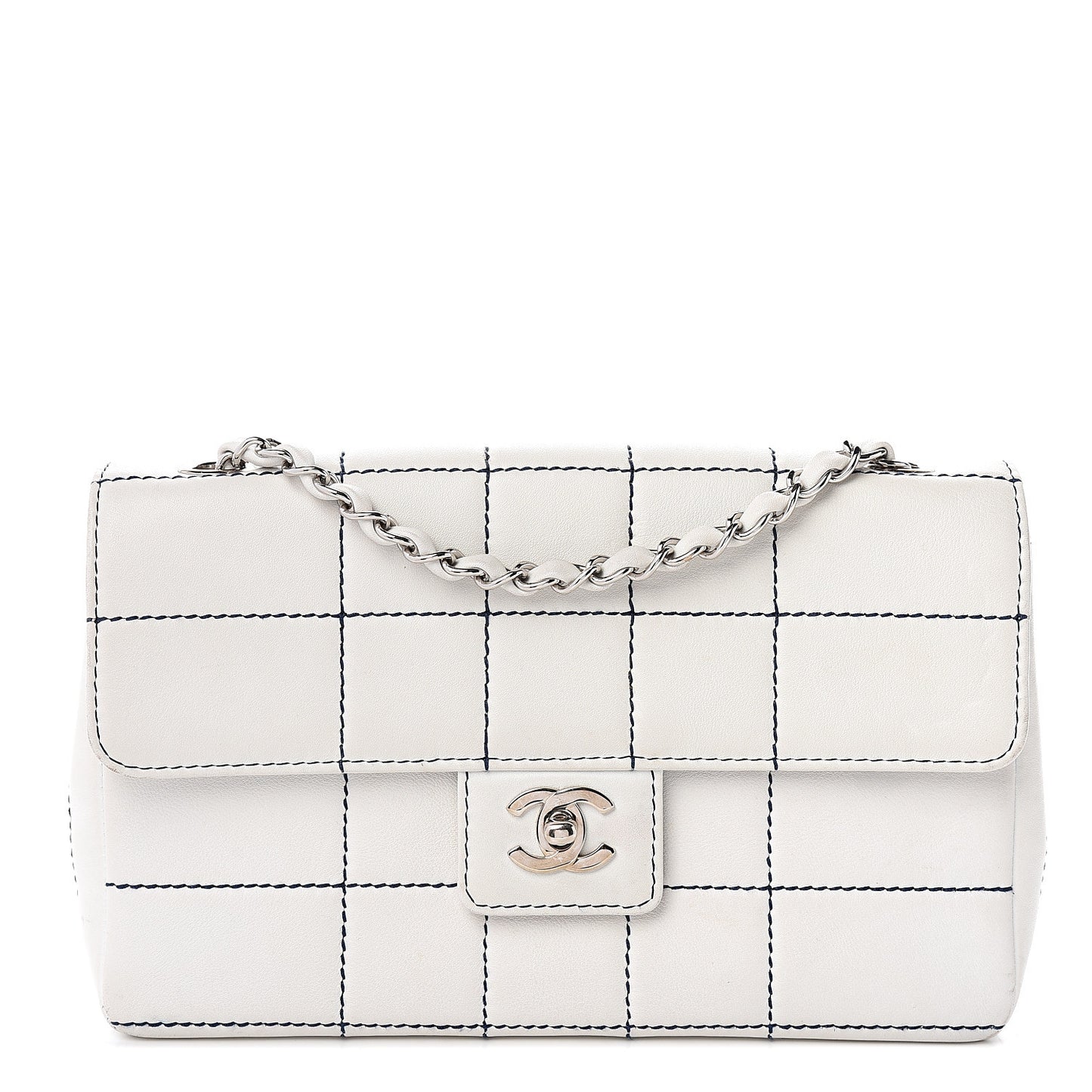 Lambskin Stitched Medium Chocolate Bar Flap White