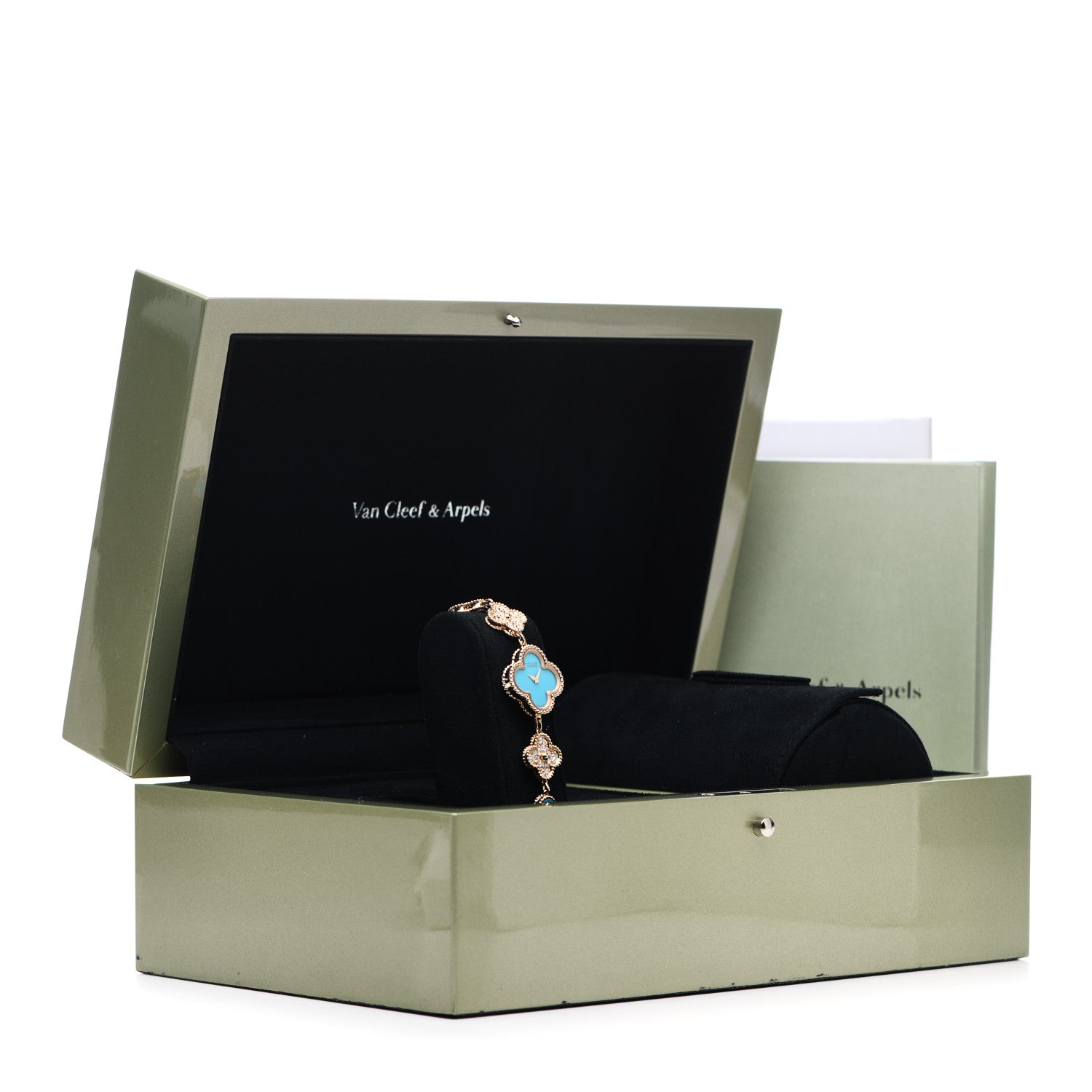 Van Cleef & Arpels 18K Yellow Gold Diamond Turquoise 23mm Alhambra Quartz Watch 5 of 5