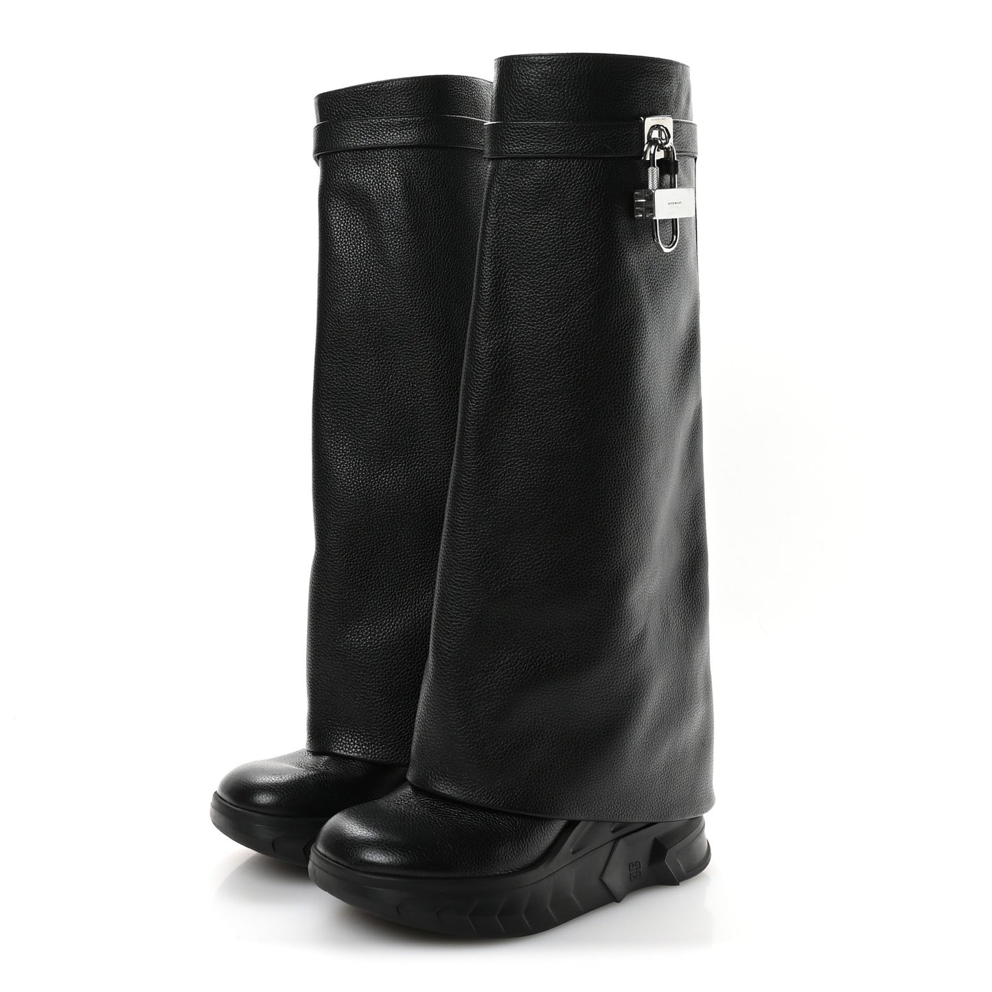 Grained Calfskin Shark Lock Biker Knee Boots 39 Black