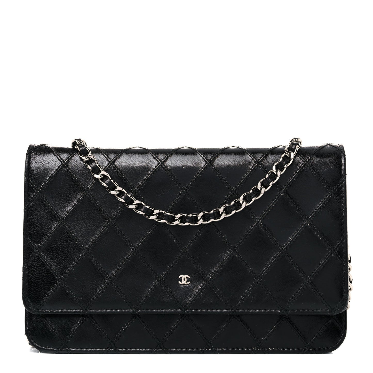 Lambskin Diamond Stitched Wallet On Chain WOC Black