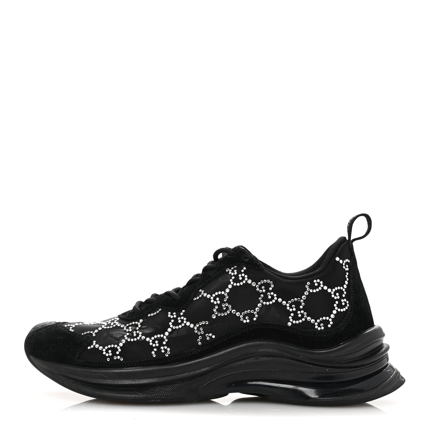 Gucci Tela Retino Mesh Crystal Suede GG Monogram Womens Gucci Run Sneakers 37 Black Silver 1 of 9