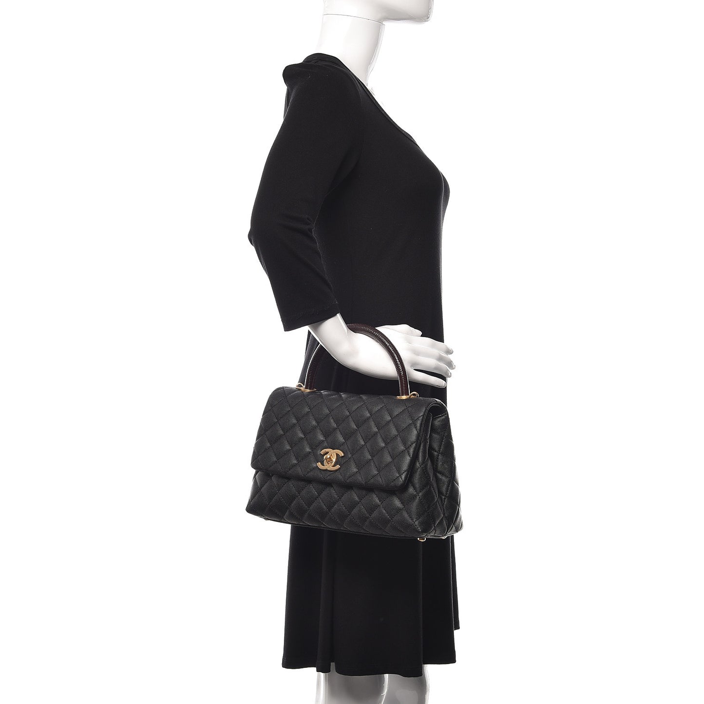 Caviar Lizard Embossed Quilted Small Coco Handle Flap Black