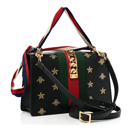 Gucci Textured Calfskin Bee Star Print Small Sylvie Shoulder Bag Black 3 of 8