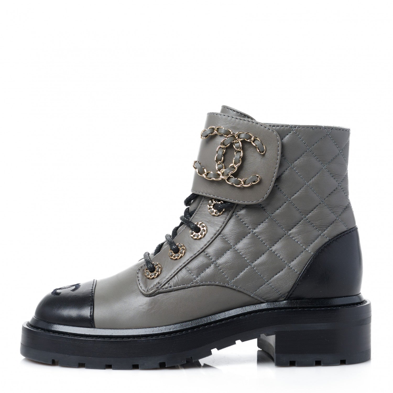 Chanel Shiny Lambskin Quilted Lace Up Combat Boots 35 Grey Black 1 of 10