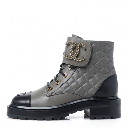 Chanel Shiny Lambskin Quilted Lace Up Combat Boots 35 Grey Black 1 of 10