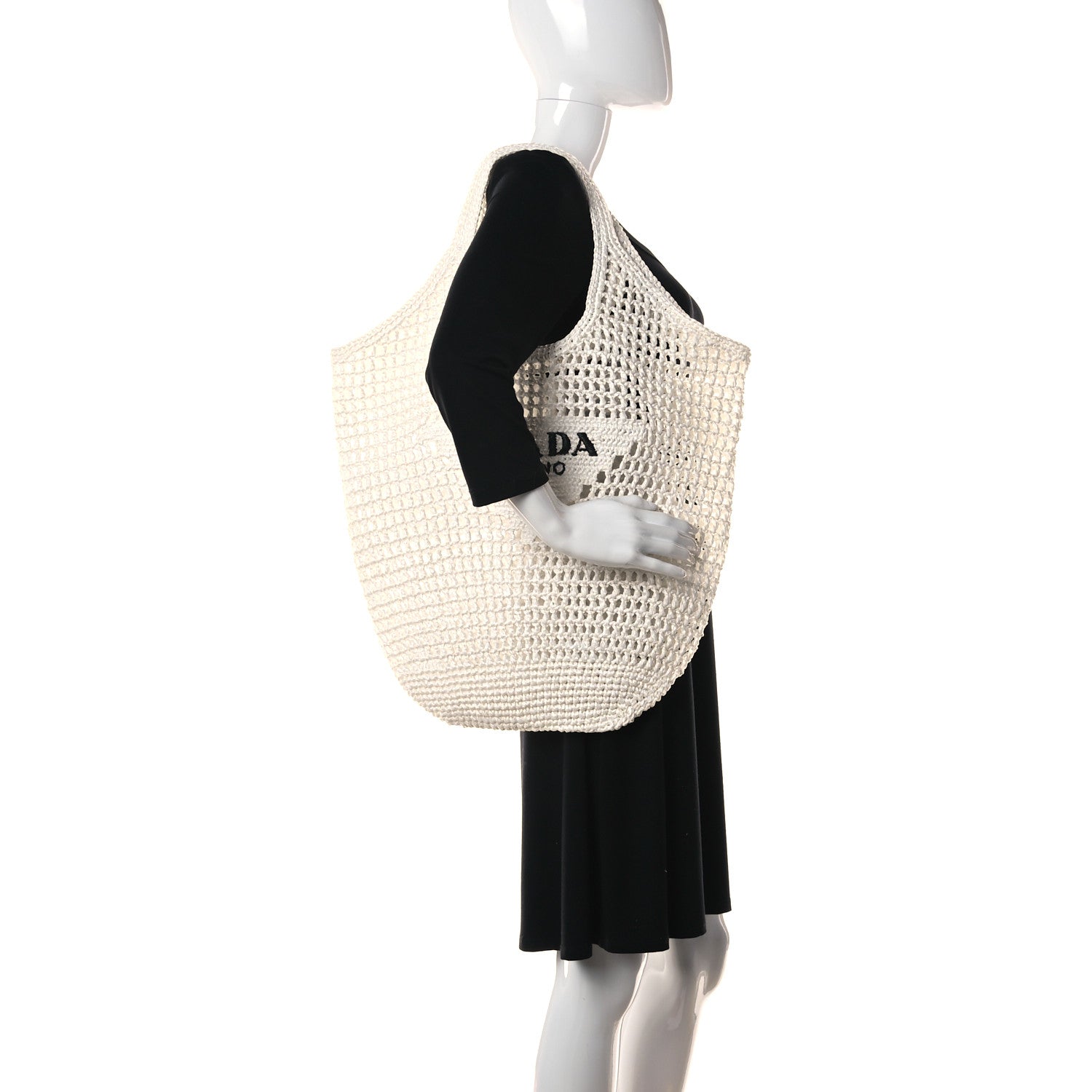 Prada Yarn Raffia Effect Crochet Logo Embroidered Shopping Tote Bag White 2 of 11