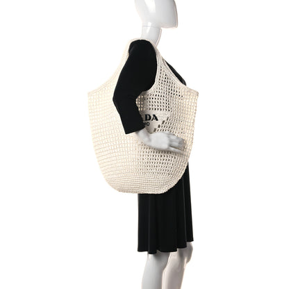 Prada Yarn Raffia Effect Crochet Logo Embroidered Shopping Tote Bag White 2 of 11