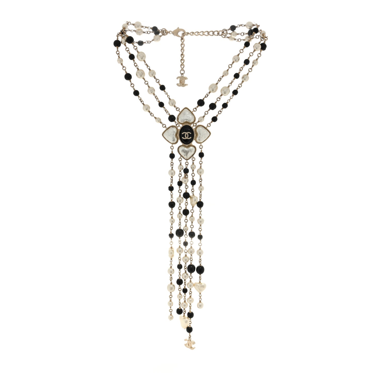 Pearl Bead Heart CC Long Multi Chain Necklace Gold Black