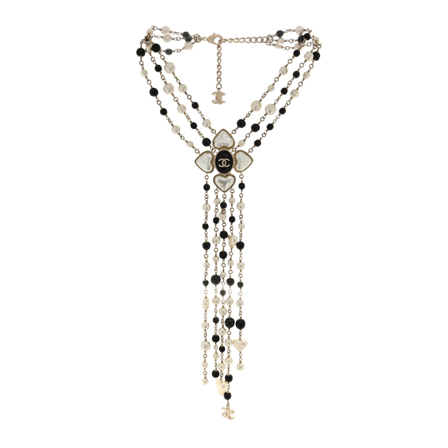 Chanel Pearl Bead Heart CC Long Multi Chain Necklace Gold Black 3 of 4
