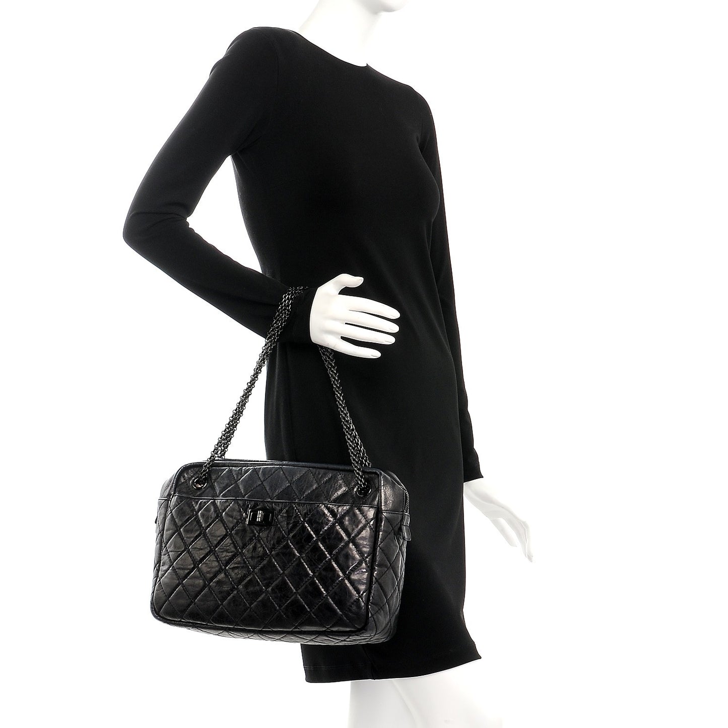 Metallic Aged Calfskin Quilted Large Reissue Camera Case Black