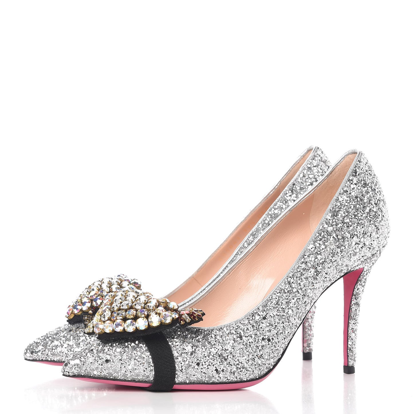 Nappa Silk Glitter Removable Crystal Heart Pumps 39.5 Argento