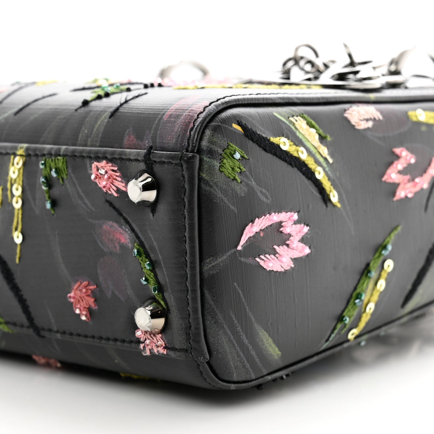 Cowhide Beaded Organza Embroidered Floral Jia Lee Art Mini Lady Dior Black Multicolor