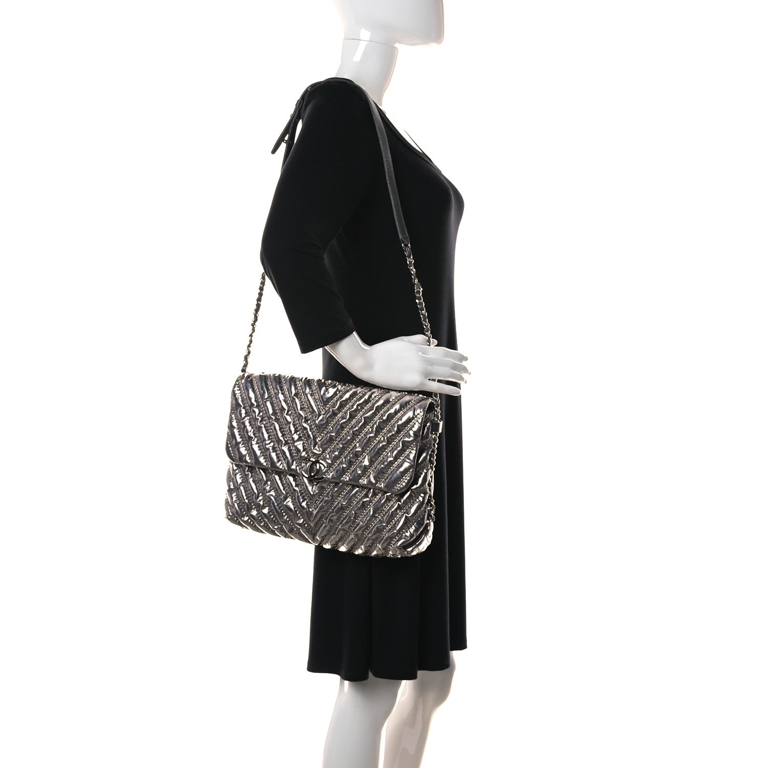 Chanel Metallic Lame Chevron Quilted Space Suit Flap Dark Grey 2 of 10