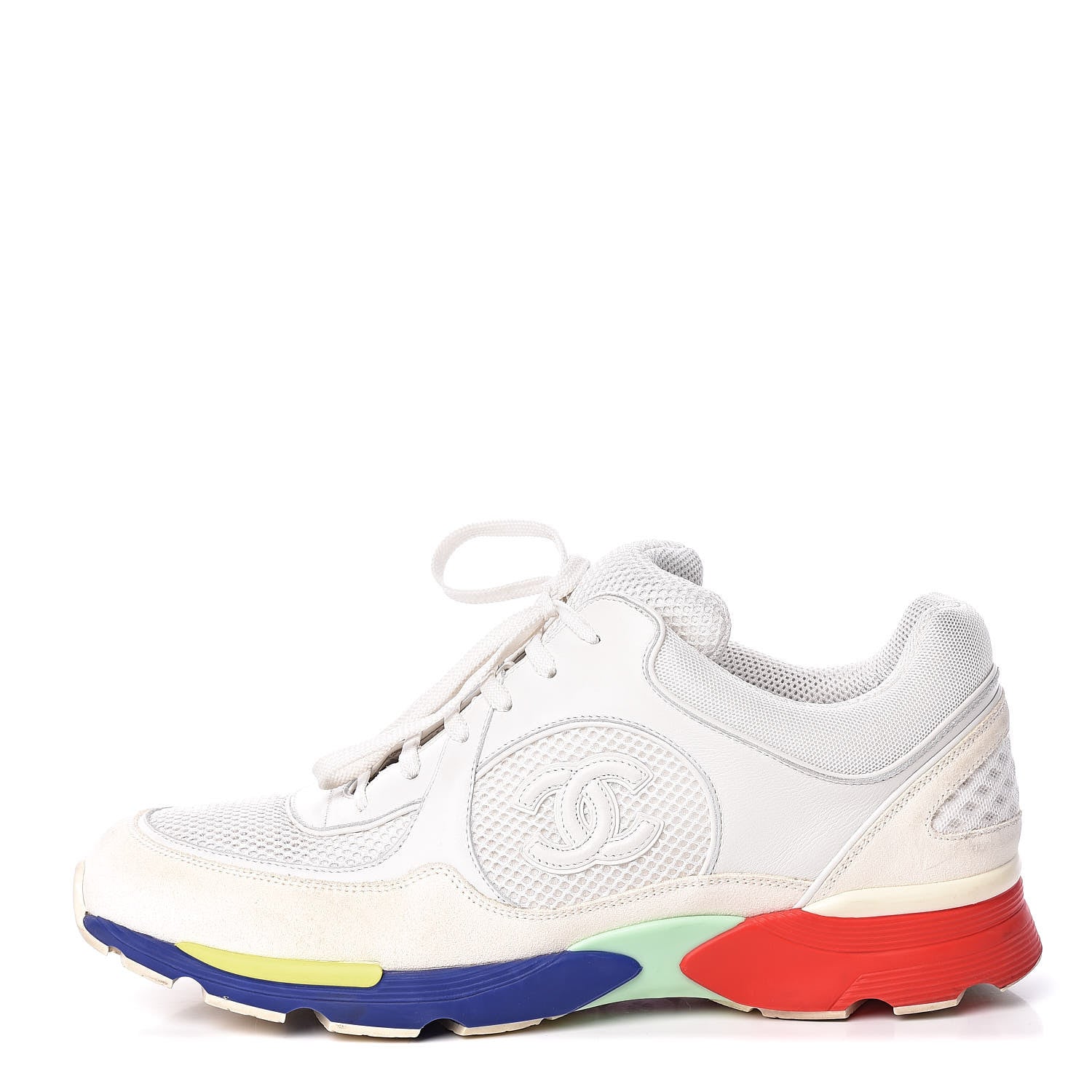 Chanel Calfskin Suede Fabric Mens Sneakers 44 White Blue Red 1 of 15