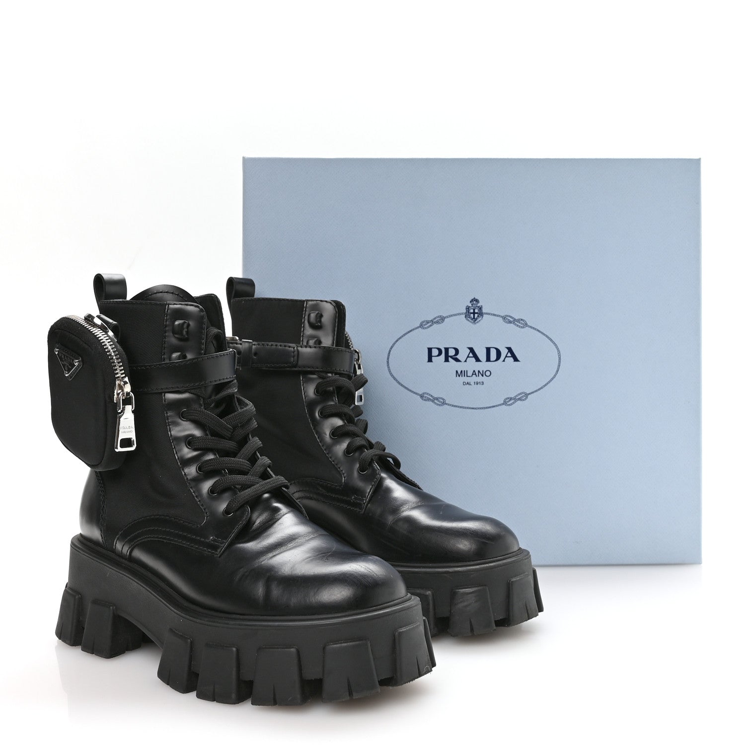 Prada Spazzolato Rois Nylon Metal Triangle Logo Monolith Pouch Pocket 55mm Boots 37 Black 15 of 16