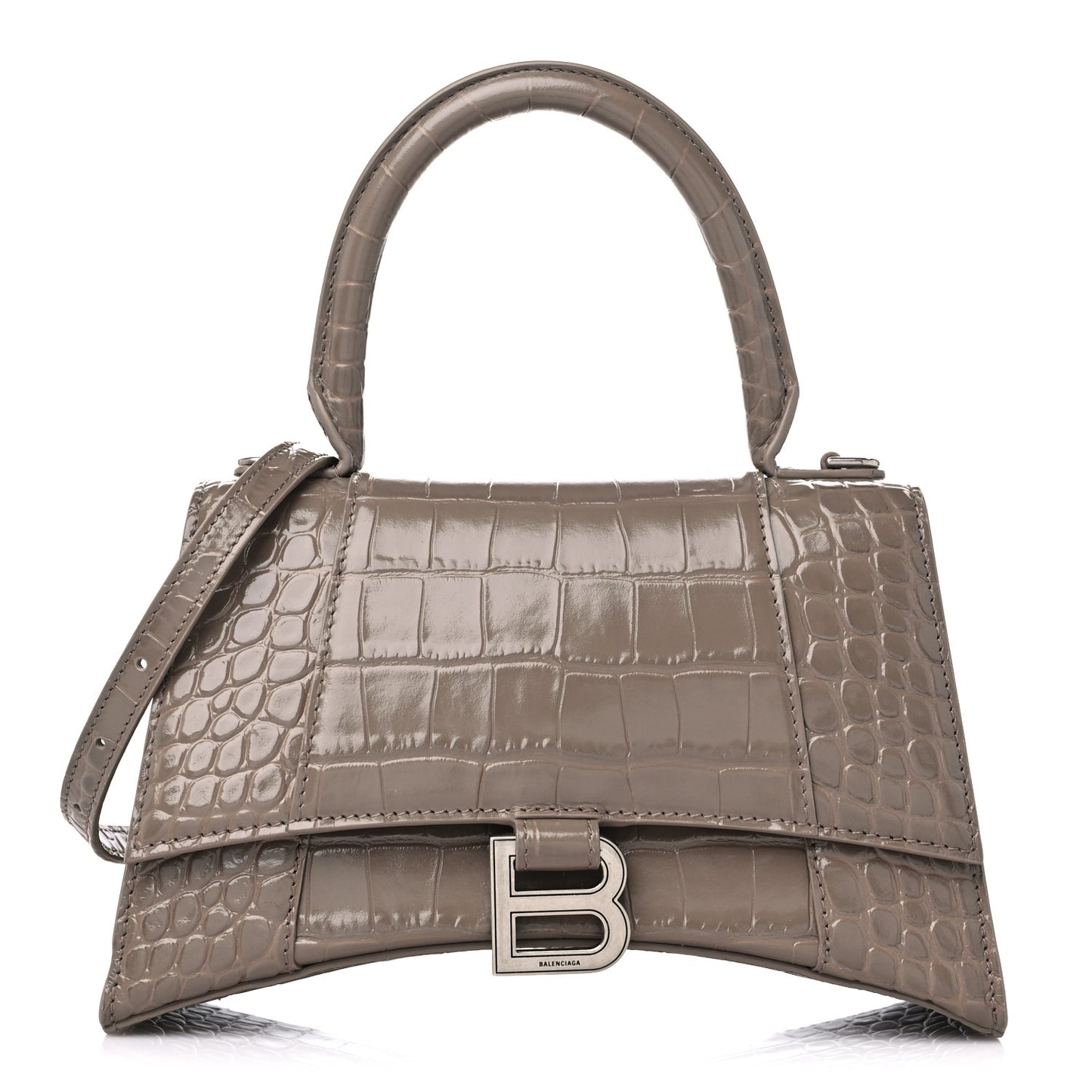 Shiny Calfskin Crocodile Embossed Small Hourglass Top Handle Bag Mink Grey