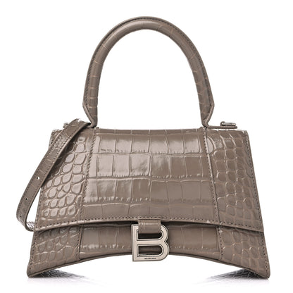 Balenciaga Shiny Calfskin Crocodile Embossed Small Hourglass Top Handle Bag Mink Grey 1 of 8