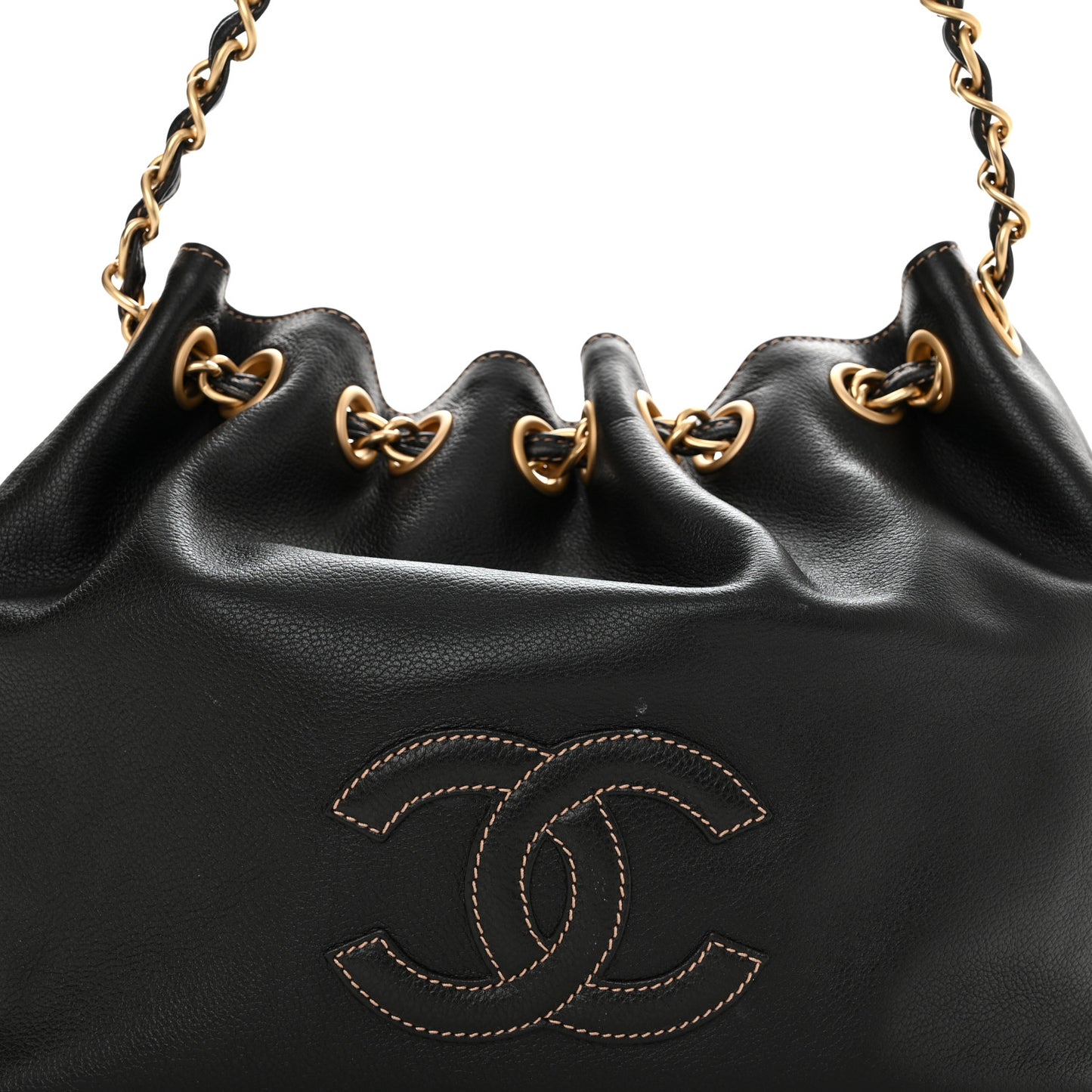 Grained Calfskin CC Drawstring Bucket Bag Black
