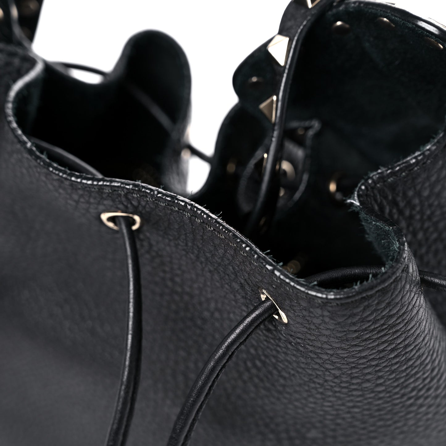 Grained Calfskin Rockstud Bucket Bag Black
