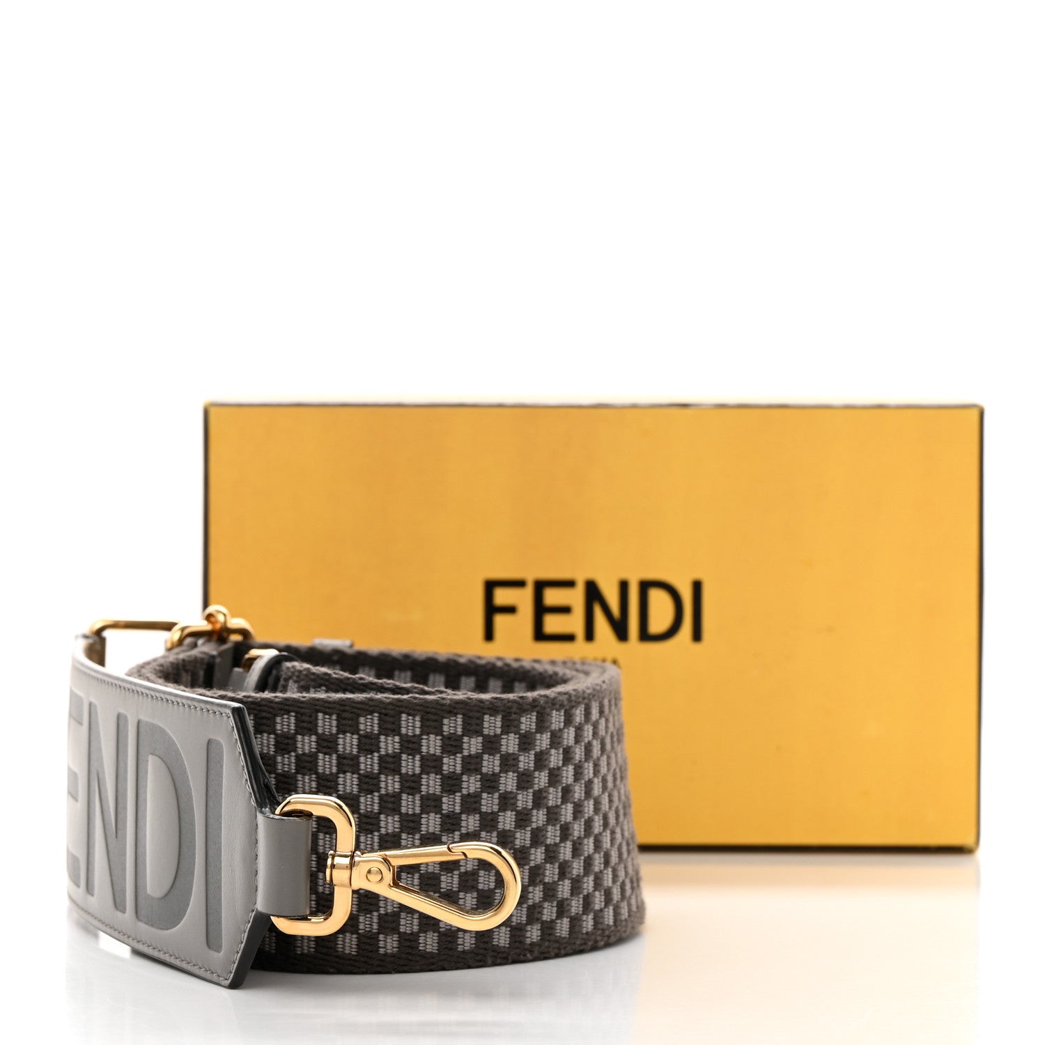 Fendi Ribbon Vitello King Logo Embossed Gingham Woven Adjustable Strap You Moon Ghiaia 7 of 7