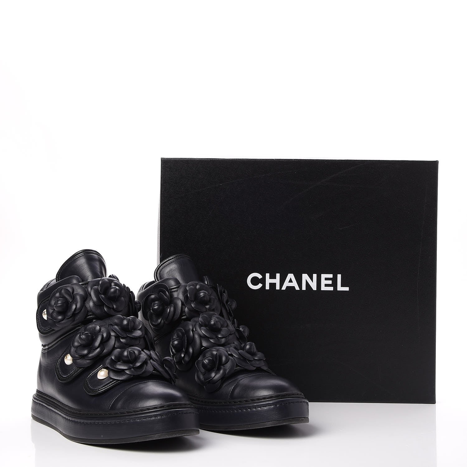 Chanel Calfskin Camellia High Top Sneakers 39.5 Navy 9 of 9
