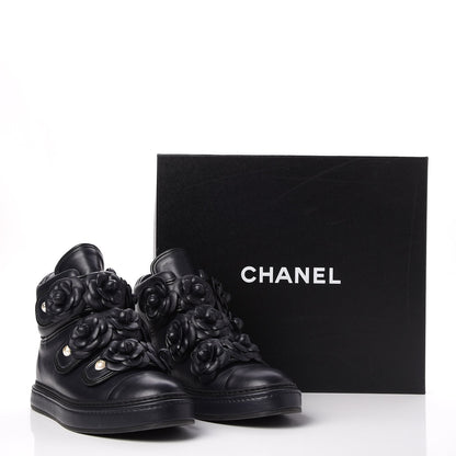 Chanel Calfskin Camellia High Top Sneakers 39.5 Navy 9 of 9