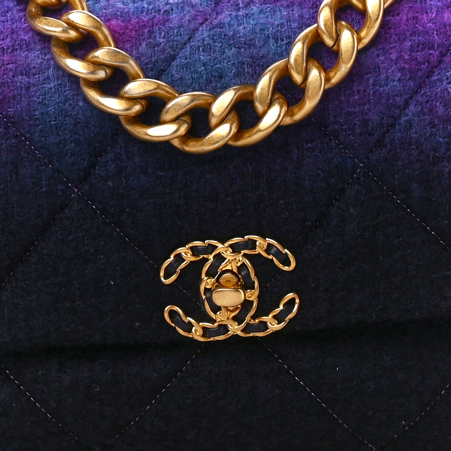 Chanel Wool Tweed Quilted Large Chanel 19 Flap Purple Black Blue 8 of 10