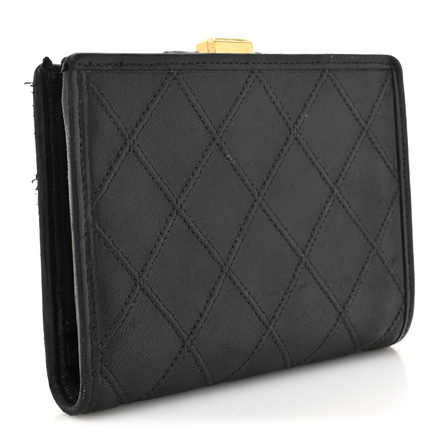 Lambskin Diamond Stitched Compact French Wallet Black