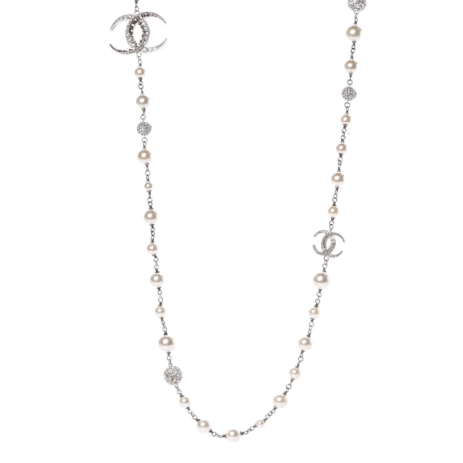 Chanel Crystal Pearl CC Long Necklace Silver 1 of 5