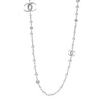 Chanel Crystal Pearl CC Long Necklace Silver 1 of 5