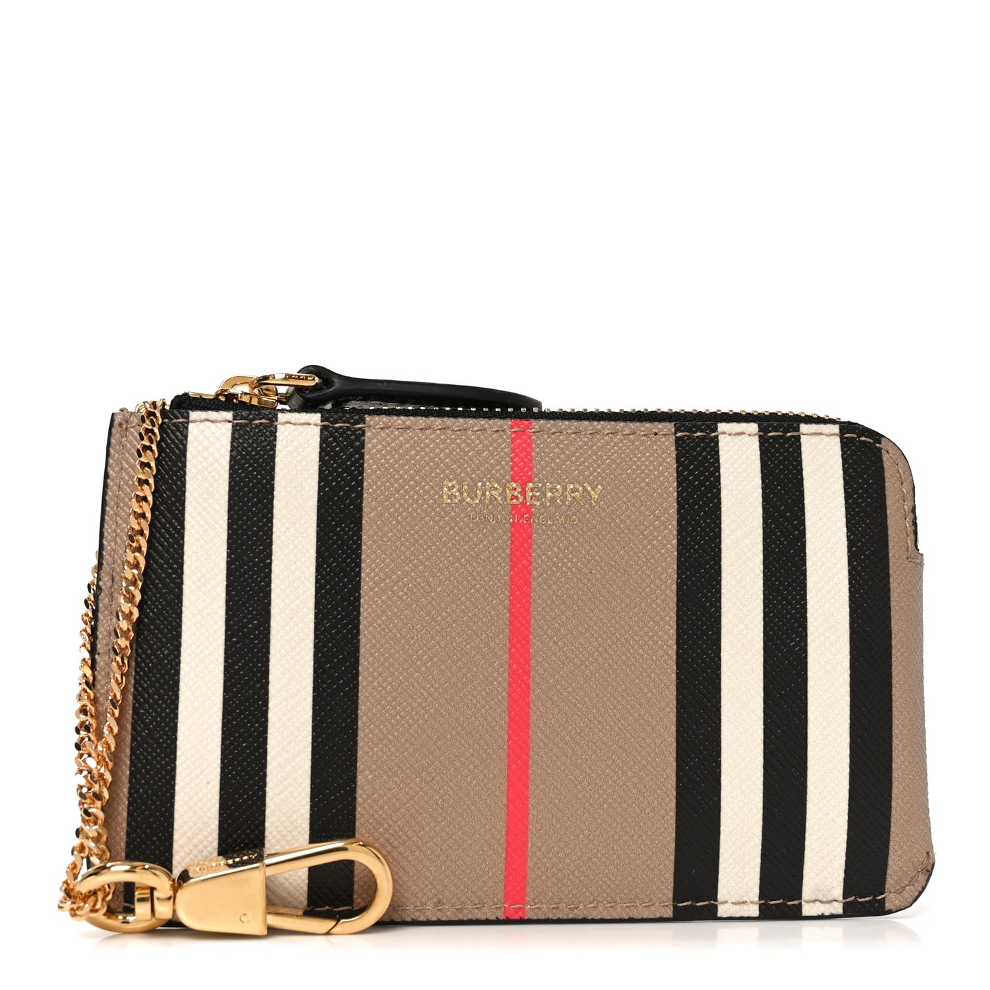 E-Canvas Calfskin Icon Stripe Zip Coin Case Archive Beige