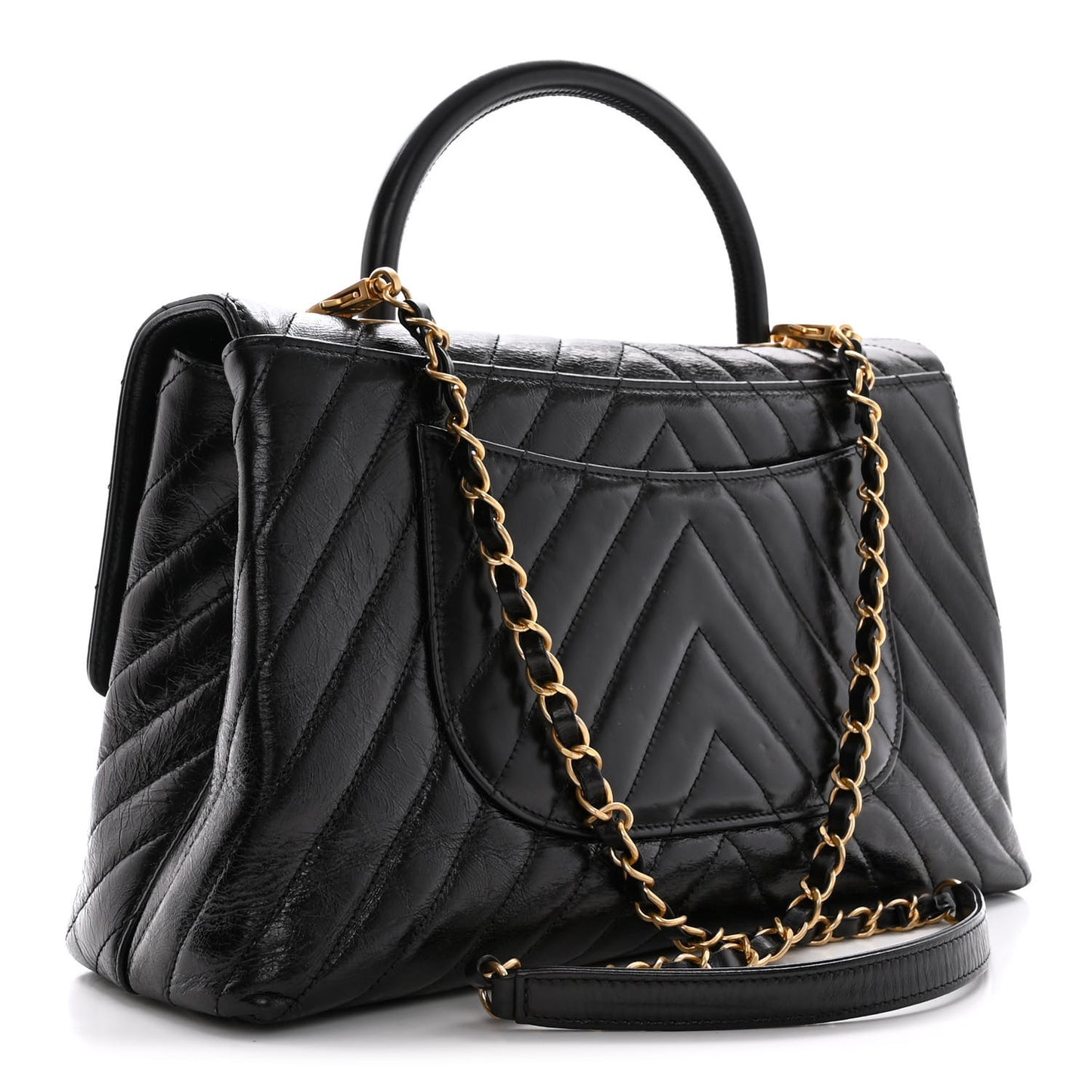 Calfskin Chevron Quilted Medium Coco Handle Flap Black