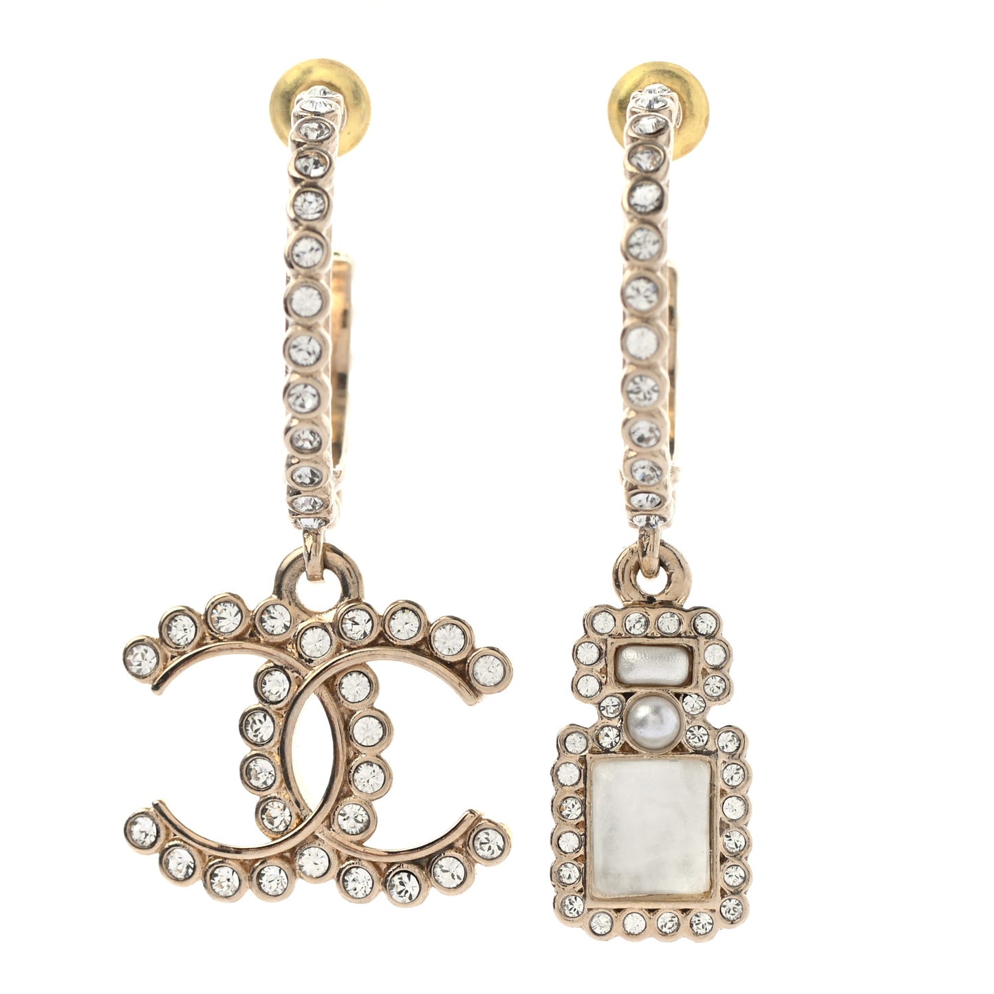Crystal Pearl CC Perfume Bottle Drop Hoop Earrings Gold
