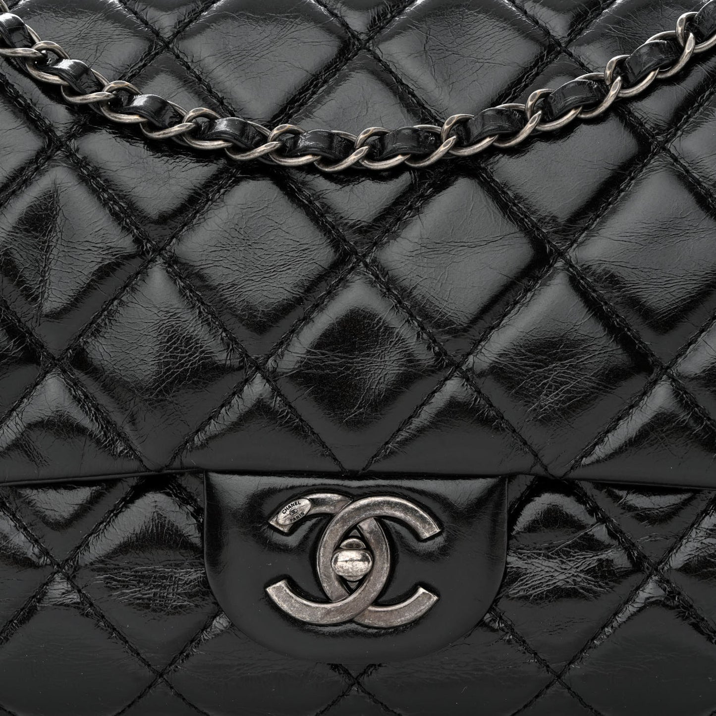 Glazed Calfskin Quilted Large Coco Soft Flap Black