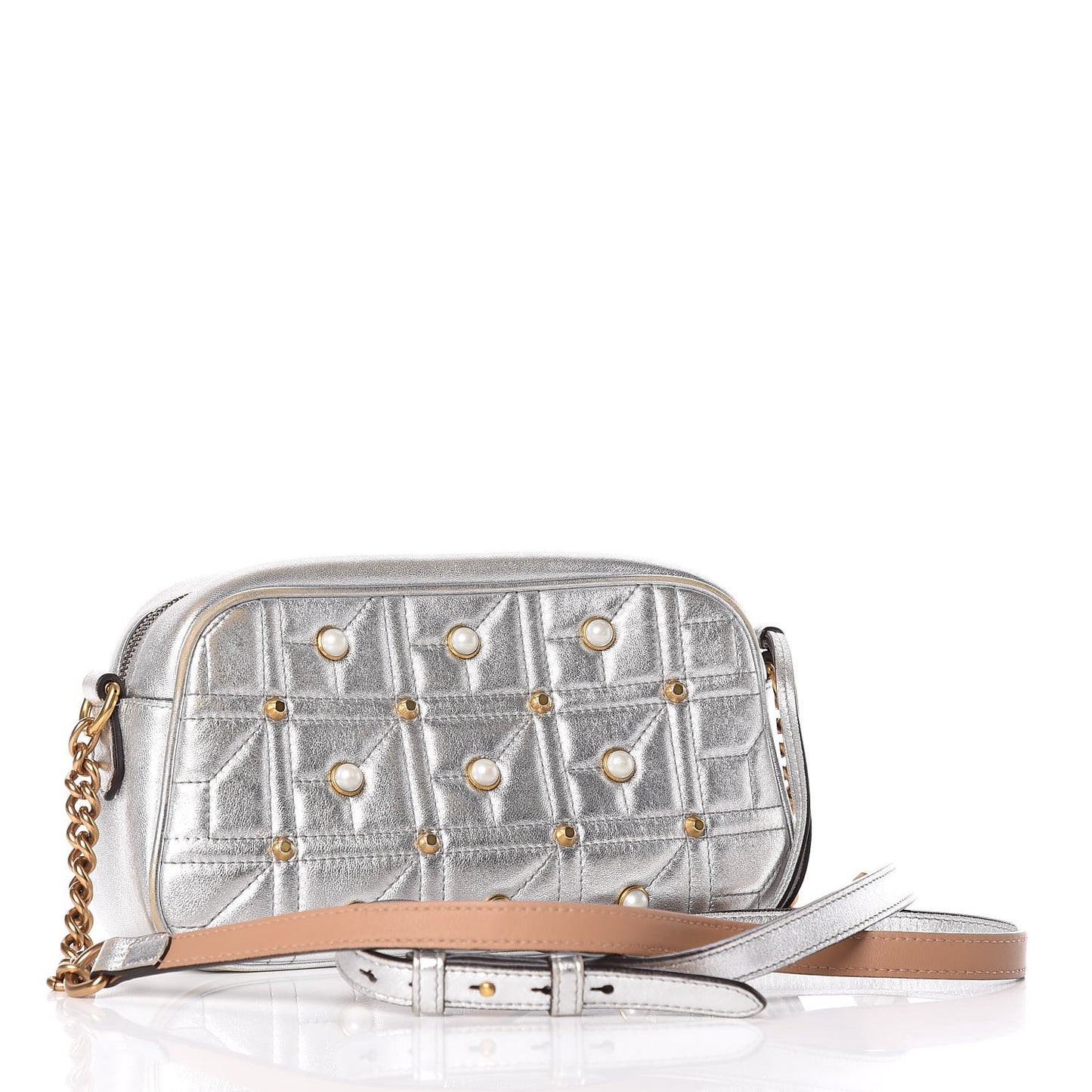 Metallic Calfskin Matelasse Studded Small Pearly GG Marmont Chain Shoulder Bag Silver