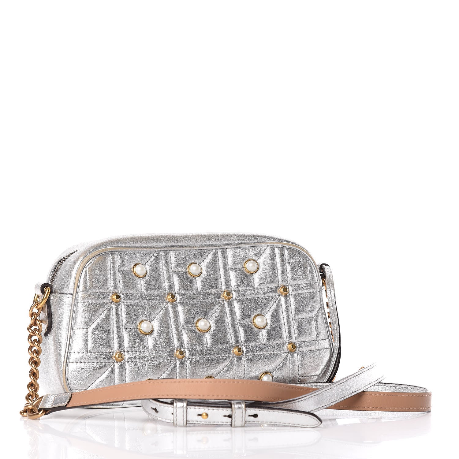 Gucci Metallic Calfskin Matelasse Studded Small Pearly GG Marmont Chain Shoulder Bag Silver 3 of 15