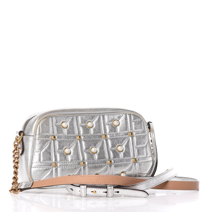 Gucci Metallic Calfskin Matelasse Studded Small Pearly GG Marmont Chain Shoulder Bag Silver 3 of 15