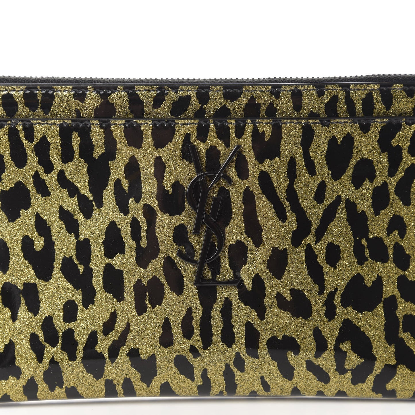 Patent Glitter Leopard Monogram Zip Pouch Gold Black