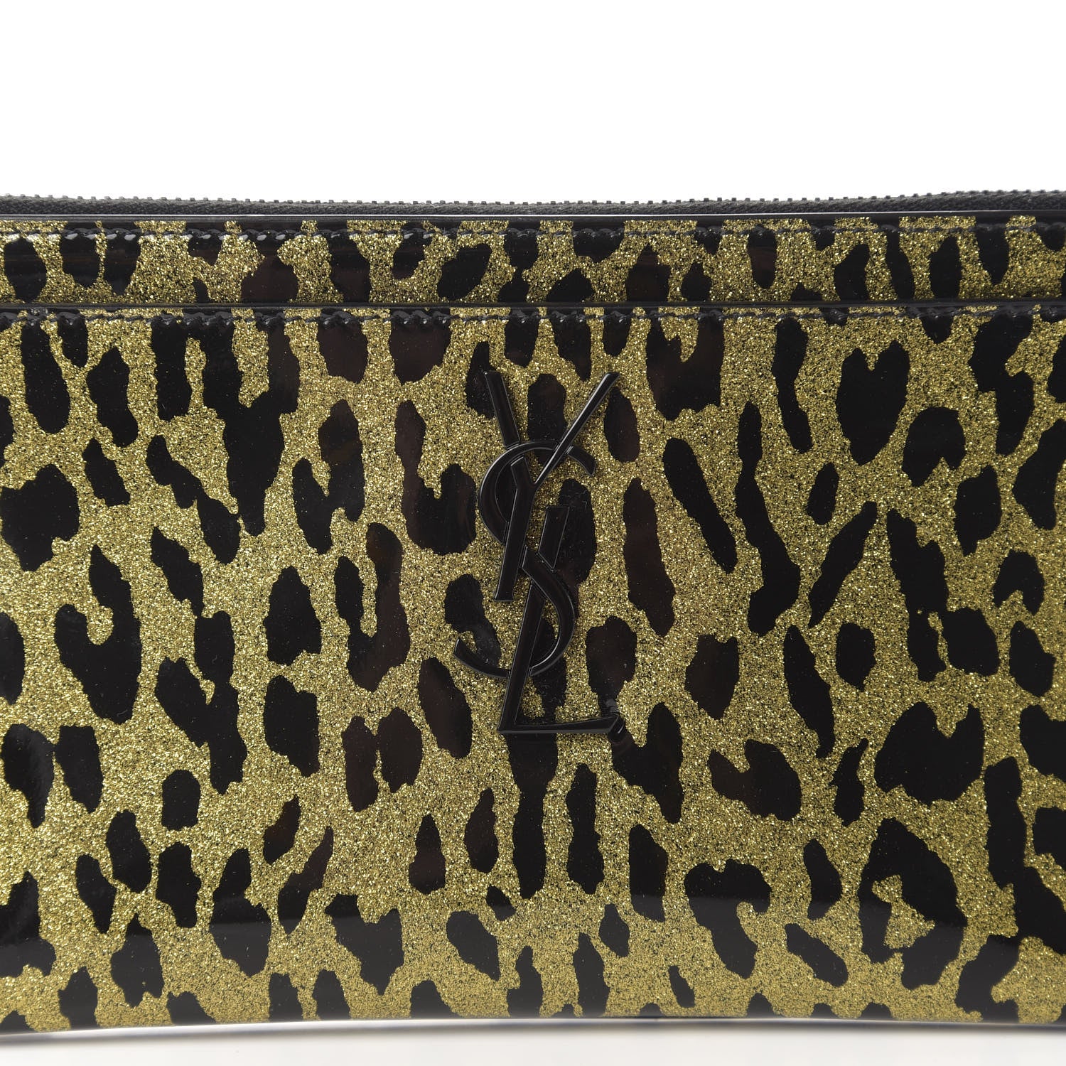 Saint Laurent Patent Glitter Leopard Monogram Zip Pouch Gold Black 12 of 13