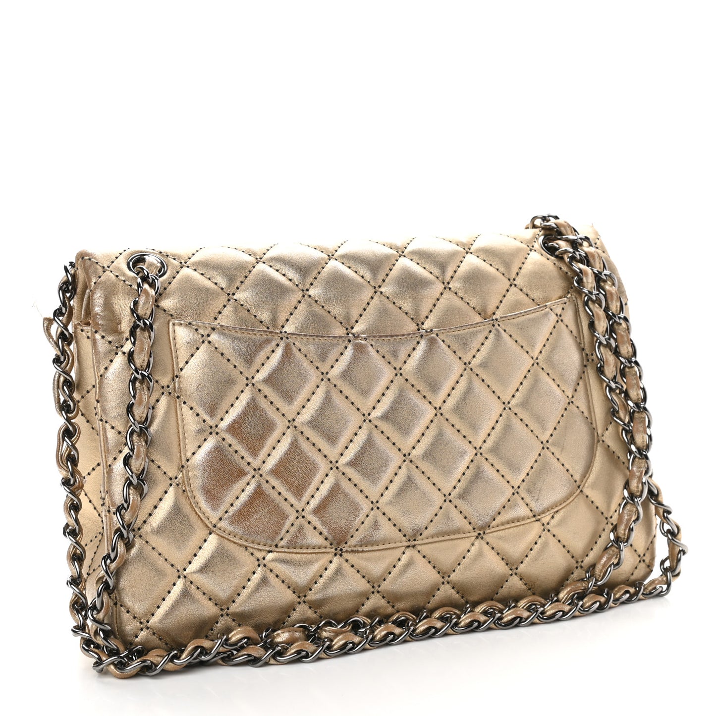 Metallic Washed Lambskin Quilted Jumbo Double Flap Dark Gold Black