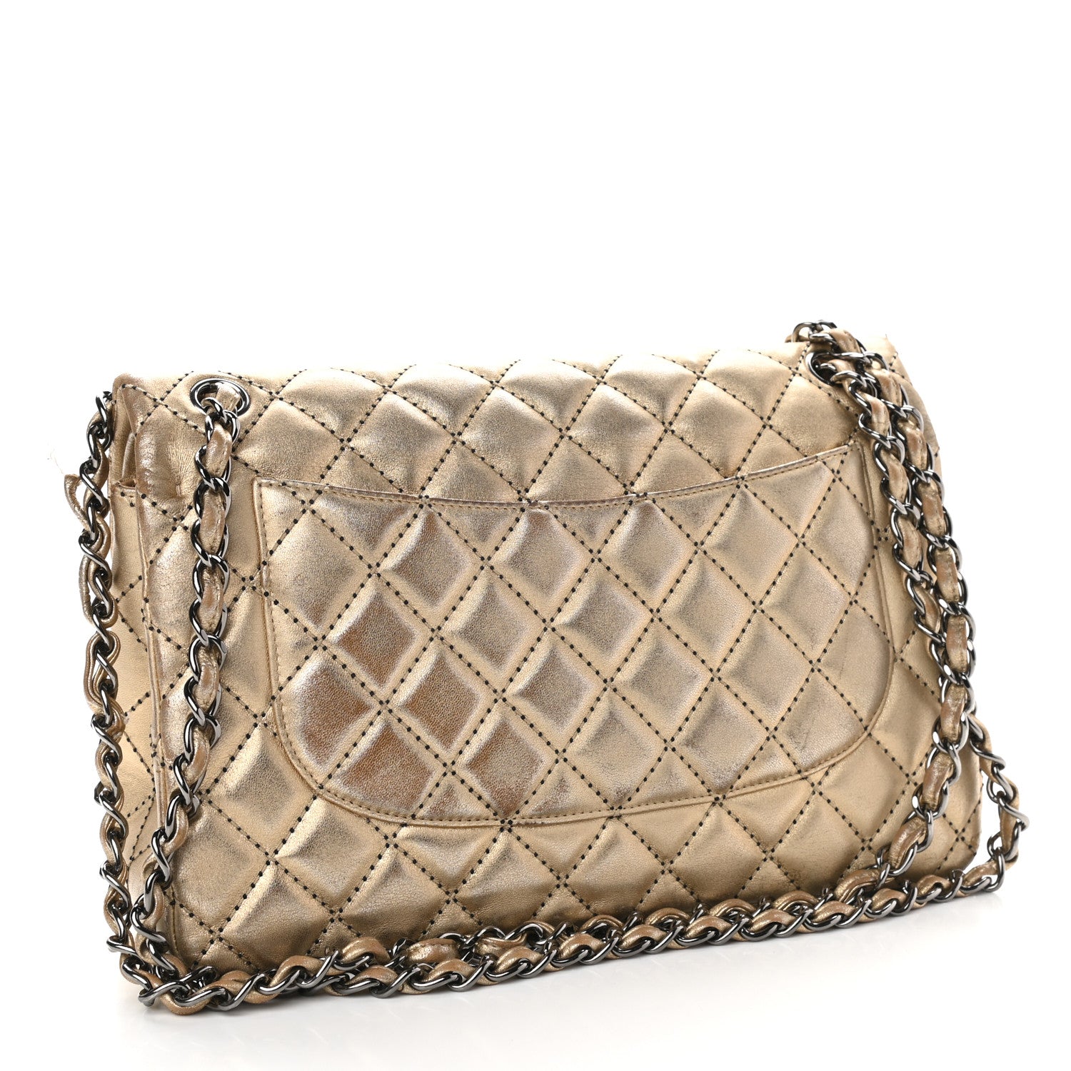 Chanel Metallic Washed Lambskin Quilted Jumbo Double Flap Dark Gold Black 3 of 15