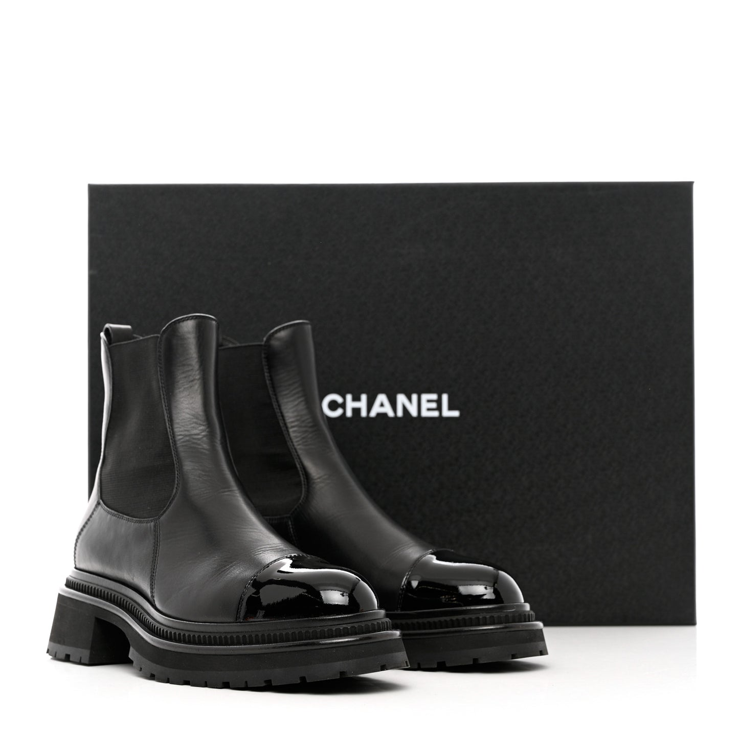 Calfskin Patent Cap Toe Ankle Boots 39.5 Black