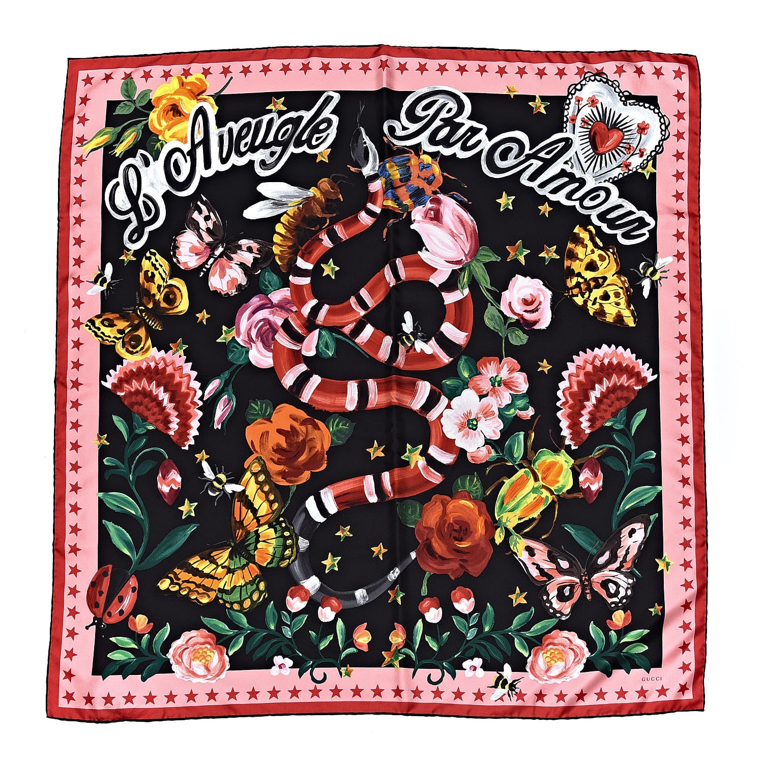 Gucci Silk Twill Jakam Square Scarf Black Pink 1 of 5