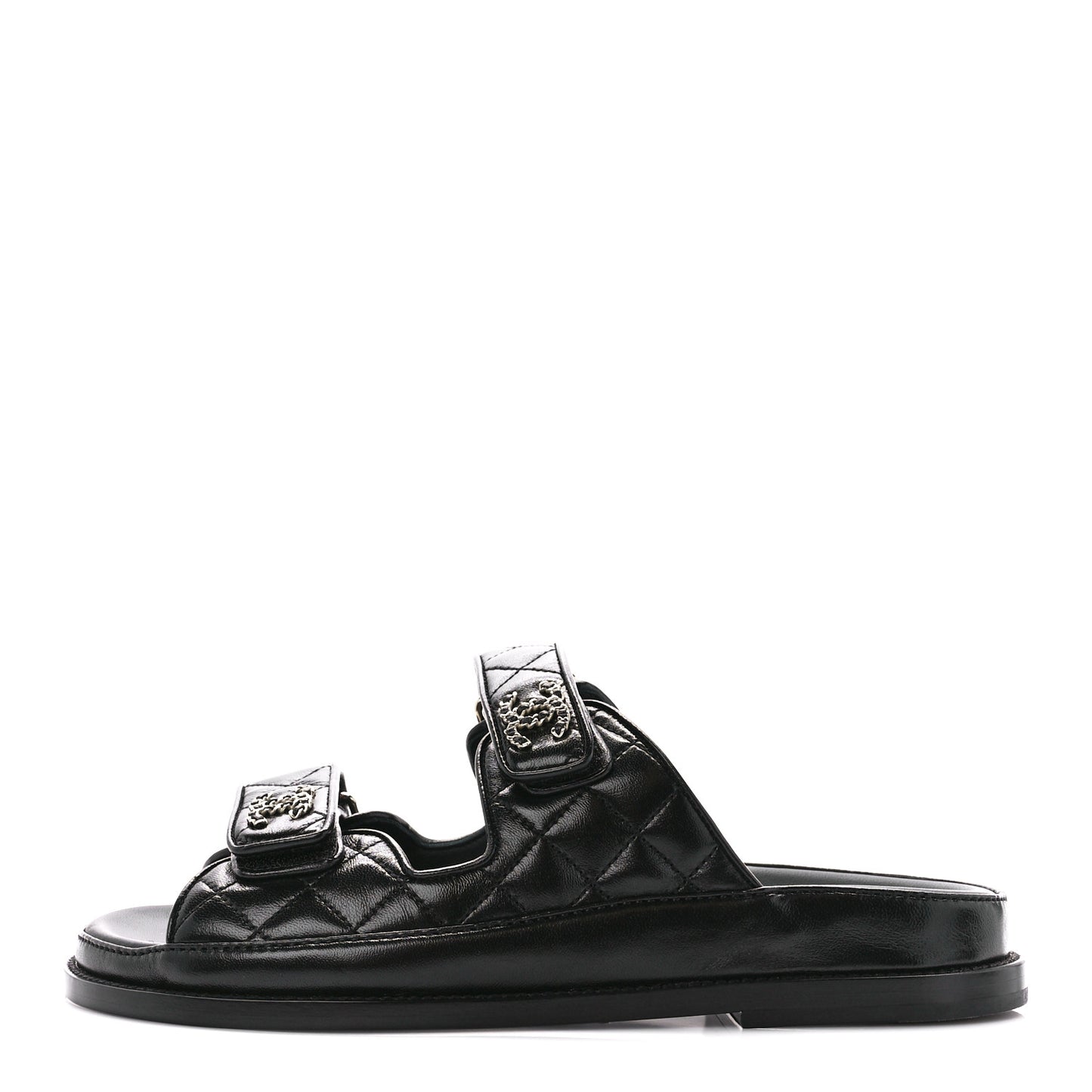 Lambskin Quilted Velcro Dad Chain CC Slide Sandals 37 Black