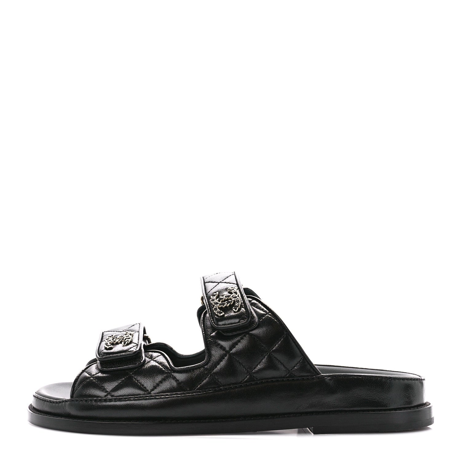 Chanel Lambskin Quilted Velcro Dad Chain CC Slide Sandals 37 Black 1 of 9