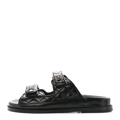 Chanel Lambskin Quilted Velcro Dad Chain CC Slide Sandals 37 Black 1 of 9
