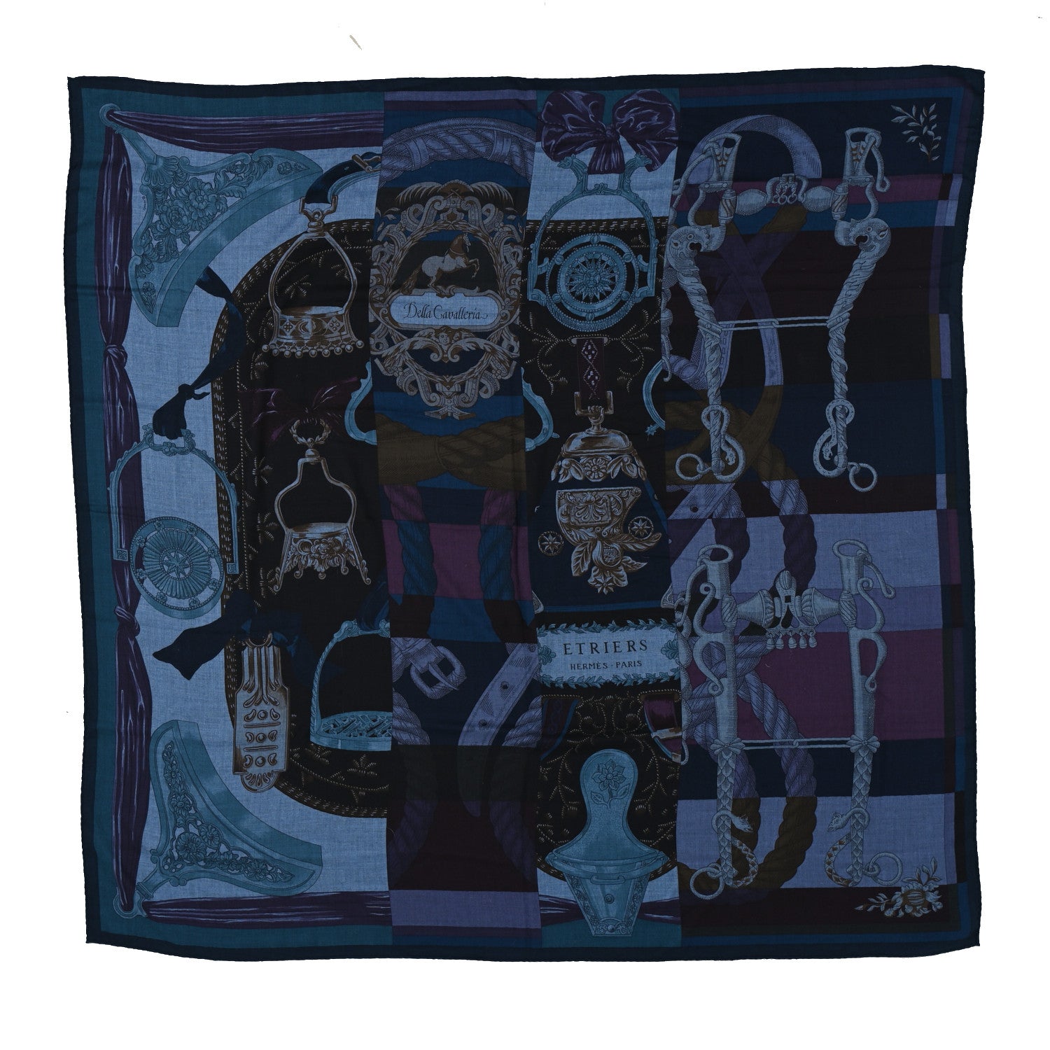 Hermes Cashmere Silk Cavalleria D'Etriers Shawl 140 Bleu Violet Parme 1 of 4