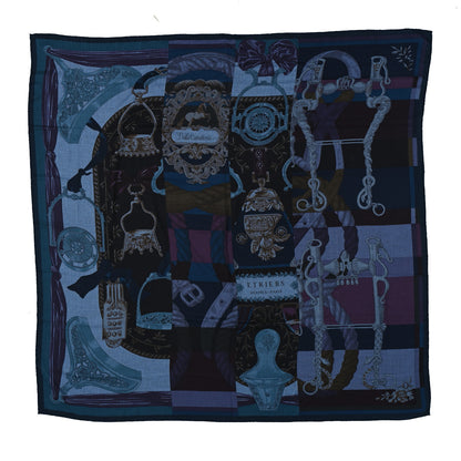 Hermes Cashmere Silk Cavalleria D'Etriers Shawl 140 Bleu Violet Parme 1 of 4